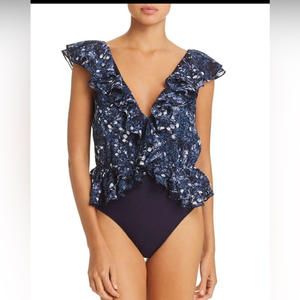 Bardot NWT Emily Ruffled Floral Print Bodysuit in a navy blue color. size 12